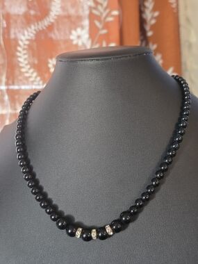 Black Beaded Necklace with Gold Accent Spacers - Women Jewelry